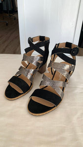 Pre-Owned Mitica Black/Pewter Strappy Heeled Sandals - Size 38 (NIB)