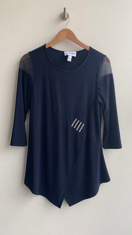 Pre-Owned Joseph Ribkoff Navy Mesh Shoulder Embellished Tunic - Size 10