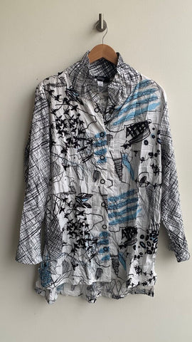 Pre-Owned Ever Sassy White/Black/Blue Printed Long Sleeve Tunic - Size Medium