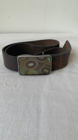 Pre-Owned Brown Genuine Leather Rectangle Buckle Belt- Size Medium