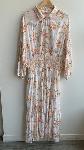Pre-Owned Dex White with Orange Floral Print Button Front Cinch Waist Puffy Short Sleeve Collared Dress - Size 3X