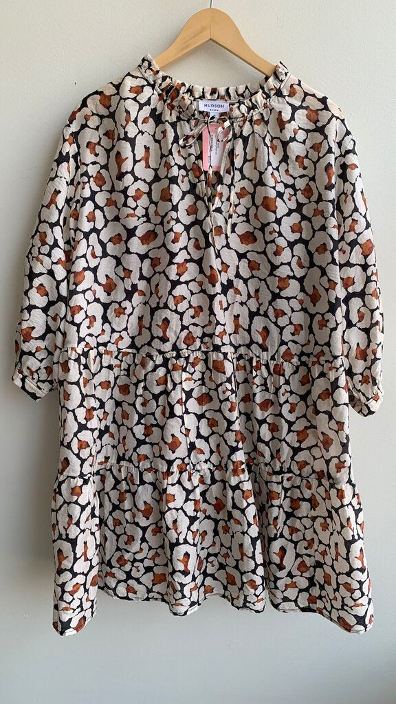 Pre-Owned Hudson North Cream/Navy/Rust Spotted Print Notched Neck Tiered Babydoll Dress- Size 2X