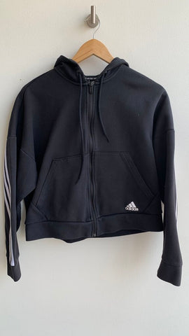 Pre-Owned Adidas Black with White Trim Hoodie Crop Sweater w/ White Logo - Size Medium