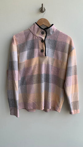 Pre-Owned Lavon Pink Plaid Black Trip 1/4 Button Up Fleece Sweater- Size Medium