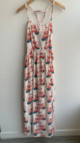 Pre-Owned Pink Martini Cream Multi Colour Floral Sleeveless Side Slit Maxi Dress- Size Small
