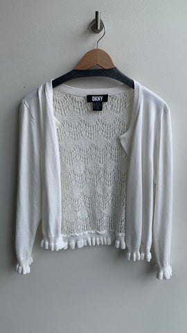 Pre-Owned DKNY White Eyelet Back Ruffle Trim Cardigan- Size X-Large