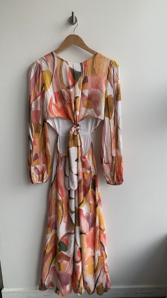 Pre-Owned Petal + Pup Orange/Pink Watercolour Floral Print Long Sleeve Cut Out Waist Dress (NWT)- Size Medium