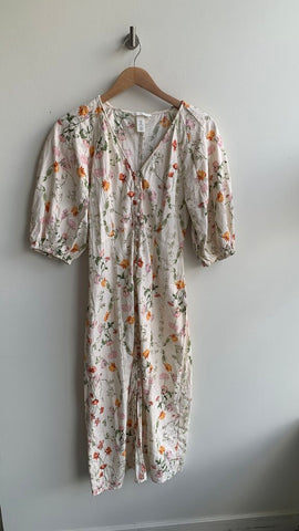 Pre-Owned H&M Cream Floral Linen Puff Sleeve Fitted Button Front Midi Dress - Size Medium