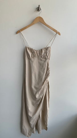 Pre-Owned Zara Beige Linen Side Rouche Slit Thin Strap Midi Dress - Size Large
