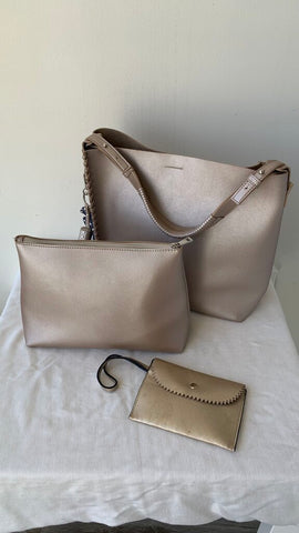 Pre-Owned Joanel Champagne Metalic Shoulder Bag with Tassle and Royal Blue Palm Leaf
