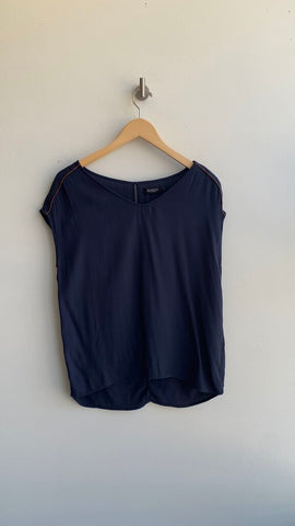Pre-Owned Soaked in Luxury Navy Sleeveless Sheer Gold Trim- Size Medium