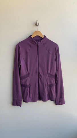Pre-Owned Queenieke Purple Mesh Panel Sides Mock Neck Zip Sweater- Size Large