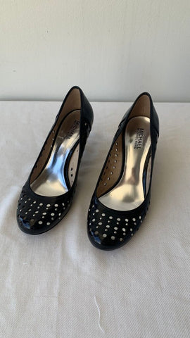 Pre-Owned Michael Kors Black Patent Hole Cut and Silver Studs Round Toe Heel- Size 8