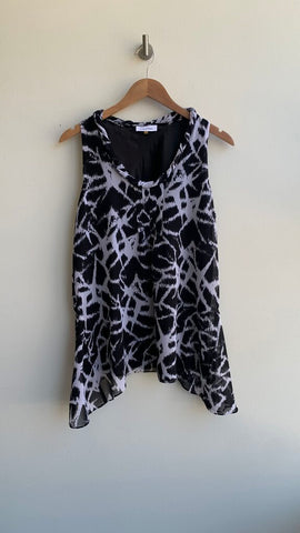 Pre-Owned Calvin Klein Black with Black/White Print Overlay Sleevless Round Neck Tank Top- Size Large
