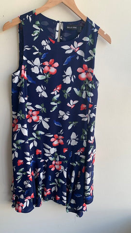 Pre-Owned Belle Vere Navy Floral Ruffle Strap Sleeveless Flare Hem Dress - Size 8