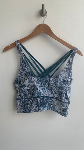 Pre-Owned Lululemon Blue/White Printed Crossed Multi Strap Back Sports Bra- Size 12