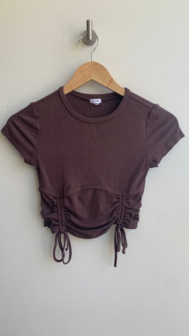 Pre-Owned Garage Brown Cinch Front Short Sleeve Crop Top - Size X-Small