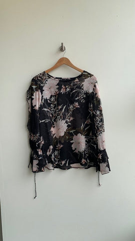 Pre-Owned Tango Mango Black Floral Pink Sheer Long Poet Tie Sleeves Blouse- Size Medium