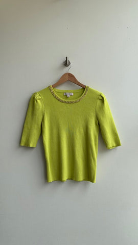 Pre-Owned Nanette Lepore Lime Green Ribbed Gold Crystal Neck Decal Short Puff Sleeves Sweater- Size Medium
