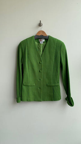 Pre-Owned Simon Change Green Ribbed Knit Sleeves Button Up Blazer- Size 10