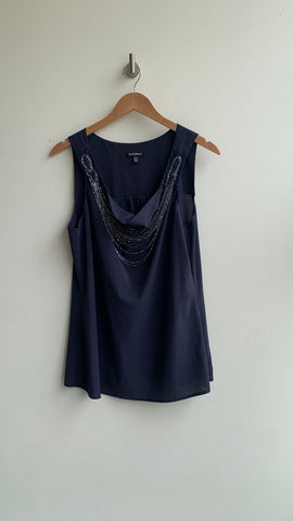 Pre-Owned Le Chateau Navy Multi Beaded Faux Necklace Neckline Sleeveless Sheer Top- Size X-Large