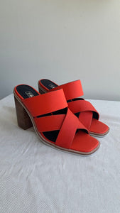 Pre-Owned Sol Sana Red Cross Strap Slip On Heels- Size 37