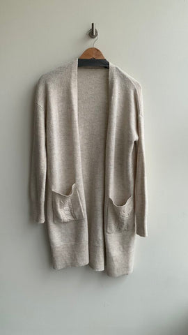 Pre-Owned Oatmeal Longline Cable Knit Pockets Cardigan- Size Medium (Estimated)