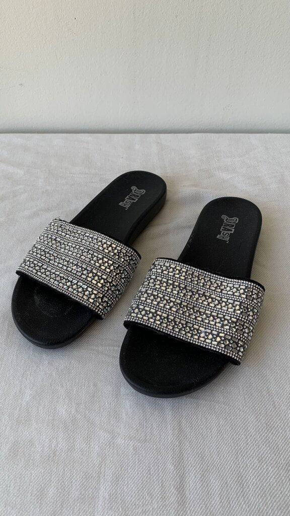 Pre-Owned Brash Silver Bejewelled Slid Sandals - Size 8.5