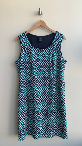 Pre-Owned INC Teal/Navy/White Diamond Print Sheath Dress - Size 1X