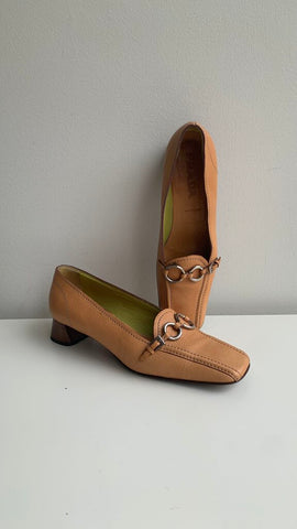Pre-Owned Prada Cognac Leather Square Toe Silver Hardware Heels - Size 39