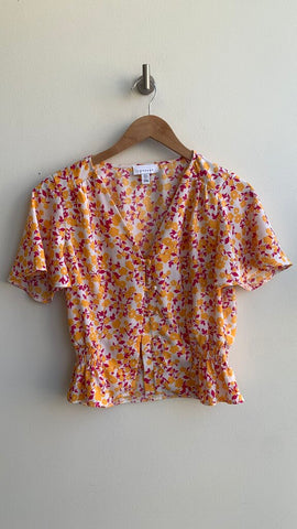 Pre-Owned Topshop Orange Cinch Waist Button Front Blouse- Size 4