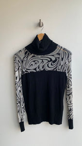Pre-Owned Tesori Black Knit Sheer Print Cutout Sleeves and Chest Turtle Neck Sweater- Size Large