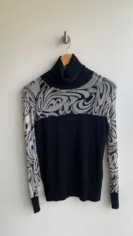 Pre-Owned Tesori Black Knit Sheer Print Cutout Sleeves and Chest Turtle Neck Sweater- Size Large