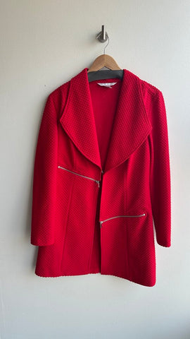 Pre-Owned Peter Nygard Red Textured Longline Zipper Detail Blazer Jacket- Size 10