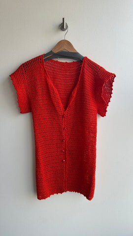 Pre-Owned Homemade Red Crochet Short Sleeve Button Up Cardigan- Size Medium (Estimated)