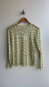 Pre-Owned Davi & Dani Green/Orange/Yellow Plaid Mock Neck Mesh Top (NWT)- Size Medium