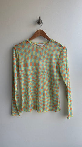 Pre-Owned Davi & Dani Green/Orange/Yellow Plaid Mock Neck Mesh Top (NWT)- Size Medium