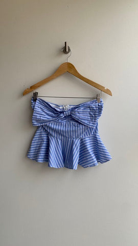 Pre-Owned Essue Blue/White Striped Strapless Peplem Bow Front Top- Size Small