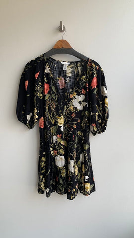 Pre-Owned H&M Black Floral V-Neck Puff Sleeve Mini Dress- Size Small