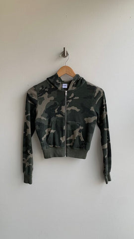 Pre-Owned Tna Green Camo Cropped Zip Hooded Sweater - Size X-Small