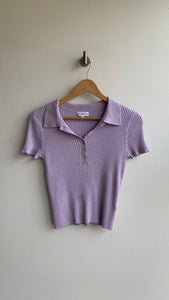 Pre-Owned Calvin Klein Purple Ribbed Collared 1/4 Button Up Cropped Short Sleeve Top- Size Medium