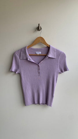 Pre-Owned Calvin Klein Purple Ribbed Collared 1/4 Button Up Cropped Short Sleeve Top- Size Medium