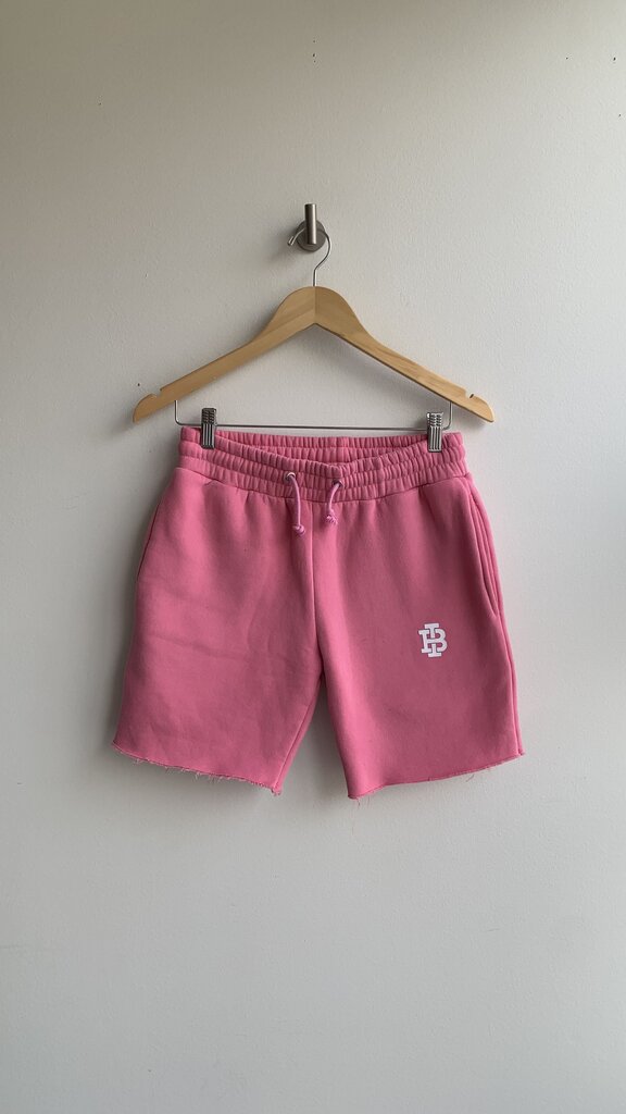Pre-Owned Bad Influence Pink Raw Hem Drawstring Waist Sweat Shorts- Size Small