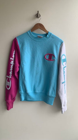 Pre-Owned Champion Light Blue/Purple/White Colourblock Logo Crewneck- Size X-Small