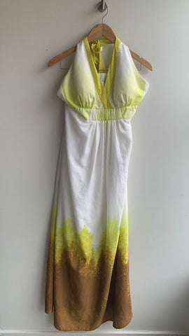 Pre-Owned Jessica Simpson White/Yellow/Brown Tie Dye Padded Halter Top Low Back Maxi Dress- Size 14