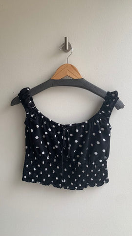 Pre-Owned Guess Black with White Polka Dots Sleeveless Tie Front Crop Top- Size Large