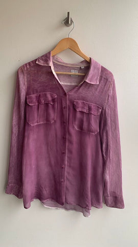 Pre-Owned Guess Purple Sheer Snake Print Long Sleeve Collared Button Up Blouse- Size Small