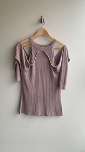 Pre-Owned Guess Purple Sparkle Cold Shoulder Light Knit Sweater- Size Large