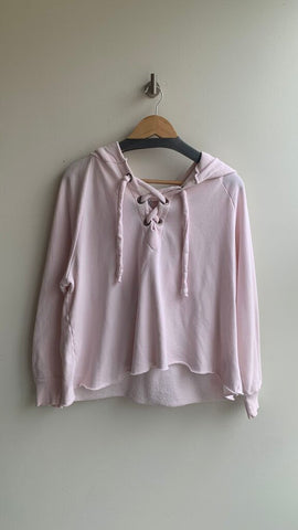 Pre-Owned Wildfox Light Pink Cropped Lace Tie Neck Hooded Sweater- Size Small