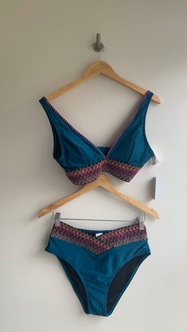 Pre-Owned Cupshe Teal Stretch Band Coloured Orange/Purple/Silver 2 PC Bathing Suit (NWT)- Size Medium